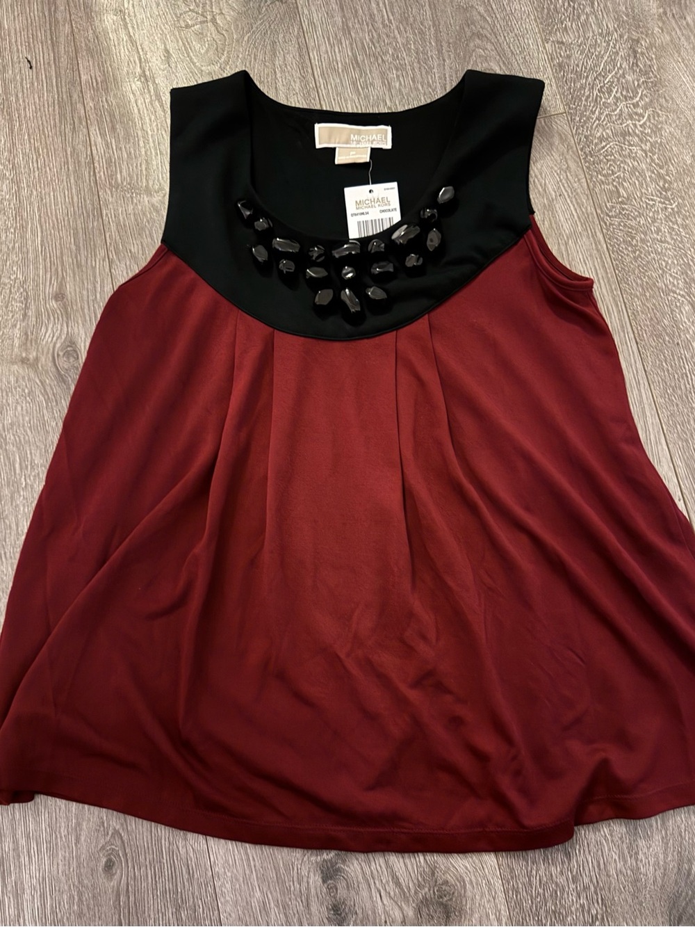 Michael Kors Wine Red Sleeveless Top with Black Jeweled Yoke